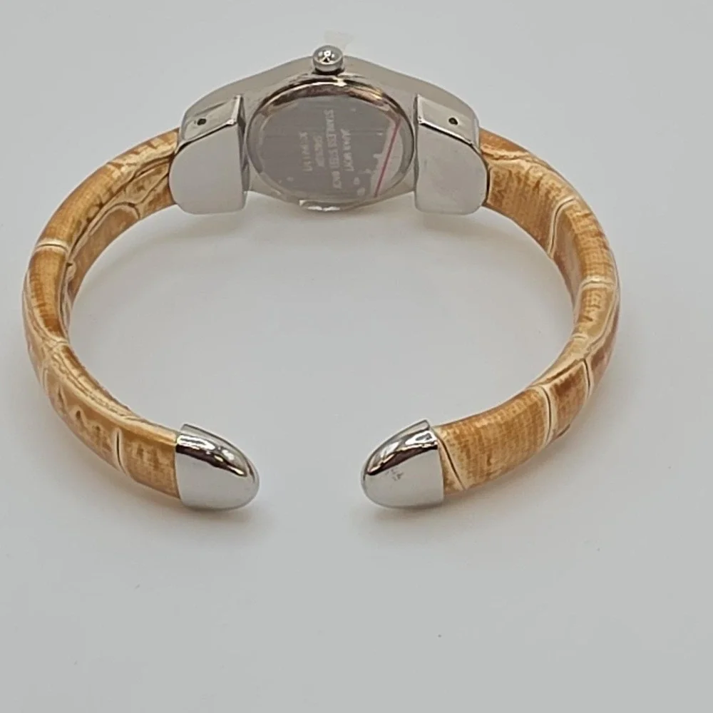 New! AVON Women's Cuff Watch Amber Orange Gemmed Silver Tone New‎ Battery